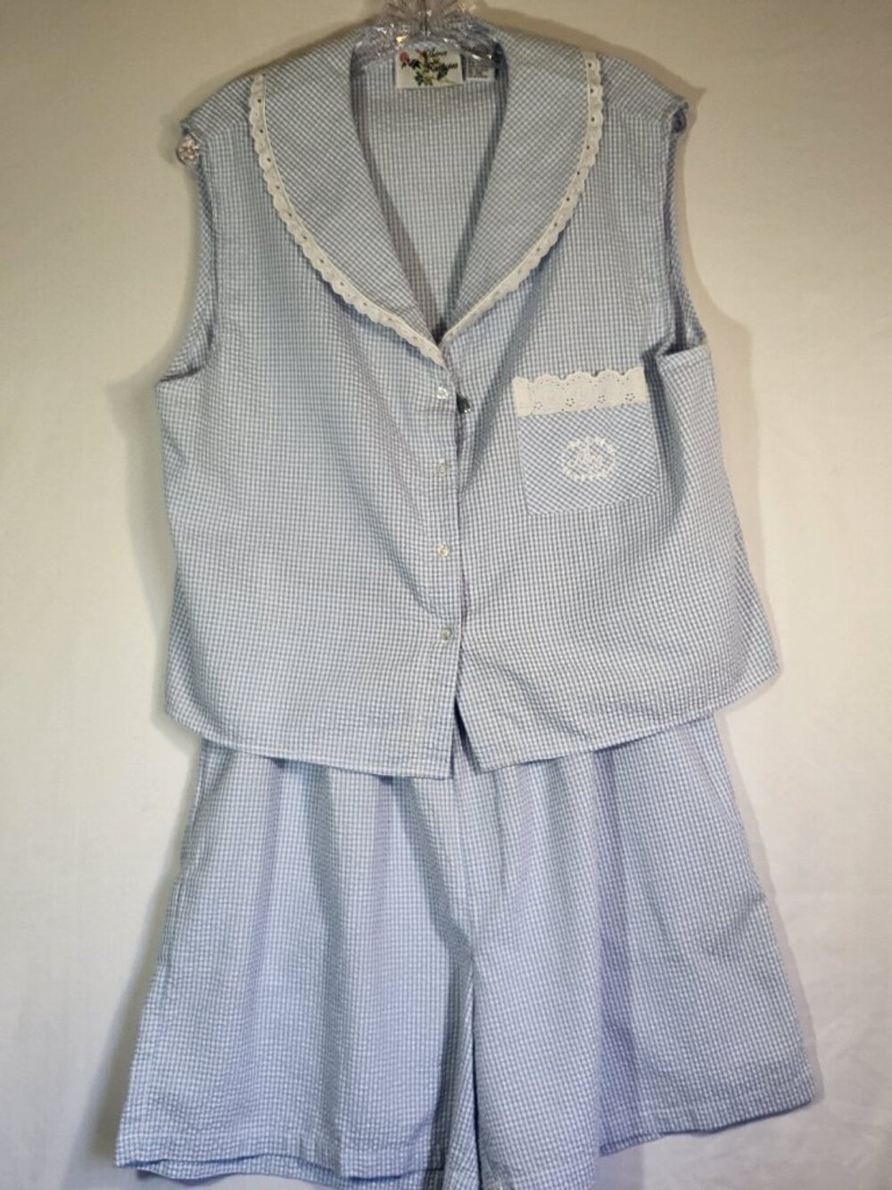 Secret Fantasies Vintage 80's/90's 2 pc Pajama Set Size XL Blue/White Gingham - Picture 1 of 15